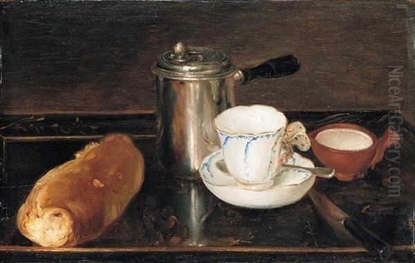 A Still Life Of A Silver Cafetiere With A Vincennes Porcelain Cup And Saucer, A Little Jug Of Milk, A Bread Roll And A Knife On A Tray - view 1