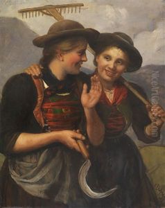 Zwei Junge Dirndl Mit Rechen Und Sichel Zwei Junge Dirndl Mit Rechen Und Sichel