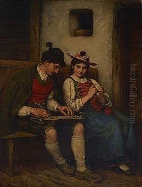 Zitherspieler Mit Madchen Auf Der Bank - view 1