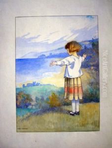 Unframed Watercolour Girl On A Hilltop Signed 9.75 X 7in by Honor Charlotte Appleton