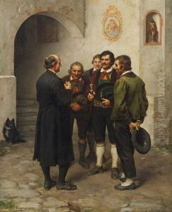Vier Bauern Im Gesprach Mit Dem Pfarrer by Franz Von Defregger