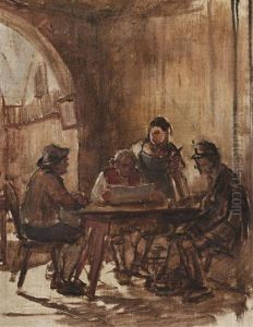 Vier Personen Um Einen Tisch (skizze) by Franz Von Defregger
