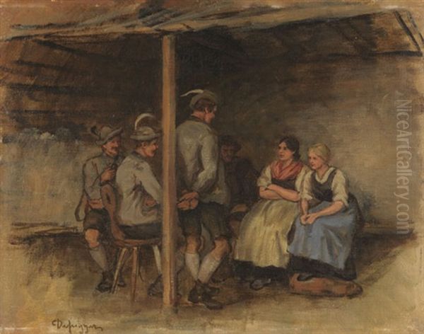 Olstudie Mit Vier Burschen Und Zwei Dirndln In Der Stube - view 1