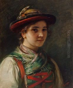 Brustbild Einer Jungen Tirolerin Mit Hut by Franz Von Defregger