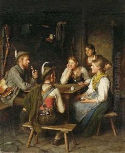 Die Unterhaltung: Drei Dirndl Und Zwei Jager In Der Stube by Franz Von Defregger