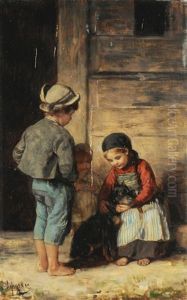 Kinder Mit Hund Spielend by Franz Von Defregger