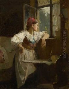 Dirndl Am Fenster Stehend by Franz Von Defregger