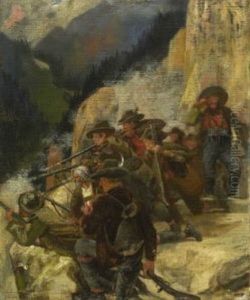 Tiroler Freiheitskampfer Zielen Von Einem Felsplateau Auf Den Gegner Im Tal by Franz Von Defregger