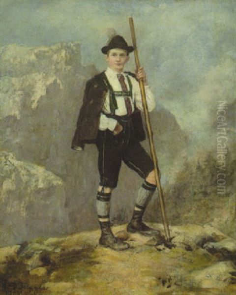 Junger Tiroler In Tracht Und Mit Stock In Hochgebirgslandschaft - view 1