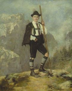 Junger Tiroler In Tracht Und Mit Stock In Hochgebirgslandschaft by Franz Von Defregger