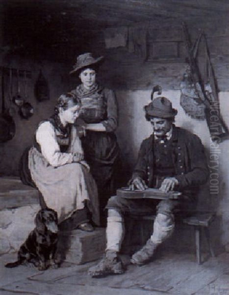 Der Zitherspieler Auf Der Alm Mit Zwei Madchen - view 1