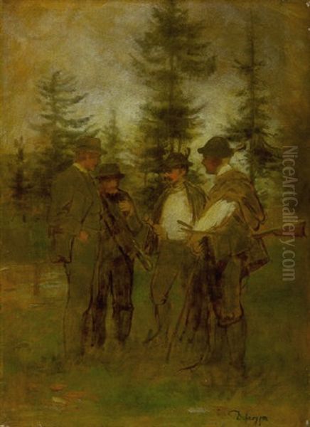 Vier Jager Auf Der Waldlichtung Im Gesprach - view 1