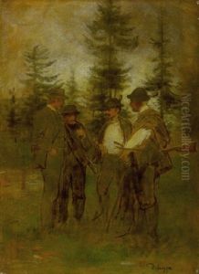 Vier Jager Auf Der Waldlichtung Im Gesprach by Franz Von Defregger
