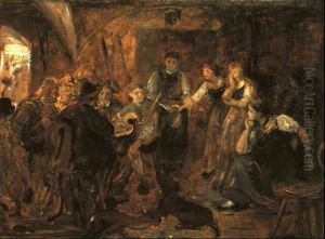In Einem Wirtshaus Eine Gruppe Von Jagern Im Gesprach Mit Drei Madchen by Franz Von Defregger