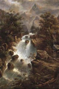 Wasserfall In Den Alpen by Franz Von Defregger