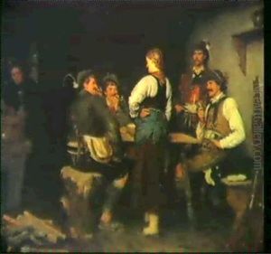 Wilderer In Der Sennhutte In Frohlichem Gesprach Mit Der Jungen Sennerin by Franz Von Defregger