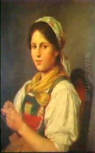 Halbfigurenportrait Eines Strickenden Jungen Madchens Im    Dreiviertelprofil Nach Links Gewendet