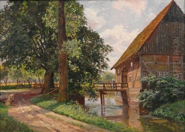 Sommertag Auf Dem Lande. Blick Auf Ein Von Kleinem Bachlauf Umspultes Fachwerkgehoft - view 1