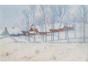 Snowy Village Scene With Church by William Degouve de Nuncques