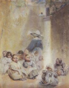 A Group Of Young Children (awaiting Their Lesson) by Jules-Alex Patrouillard Degrave