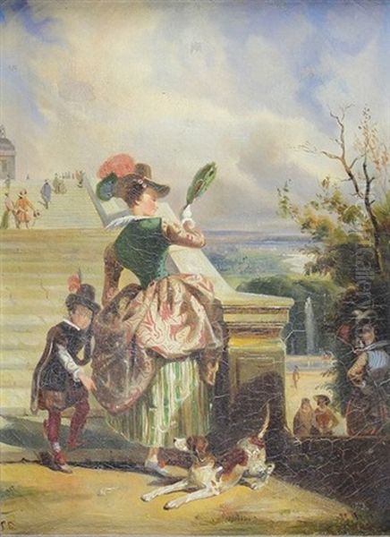 Dame De Cour Et Son Page Gravissant L'escalier Du Pavillon Henri Iv A Saint-germain-en-laye - view 1