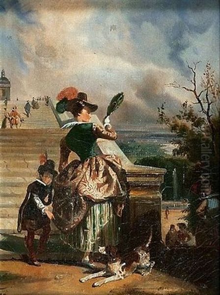 Dame De Cour Et Son Page Gravissant Les Escaliers Du Pavillon Henri Iv A Saint-germain-en-laye - view 1