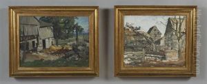 Farm House; Barn Yard (pair) by Franklin DeHaven
