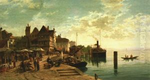 Blick Auf Das Alte Buchhorn Mit Angelegtem Schiff Und Markttreiben Am Ufer Blick Auf Das Alte Buchhorn Mit Angelegtem Schiff Und Markttreiben Am Ufer