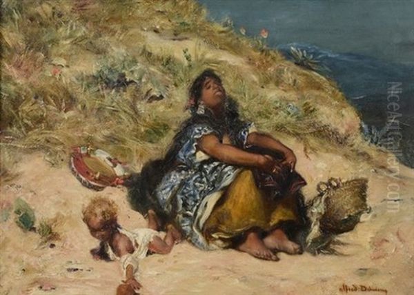 Femme Berbere Avec Enfant Jouant Sur La Plage - view 1
