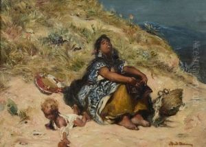 Femme Berbere Avec Enfant Jouant Sur La Plage thumbnail
