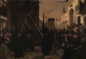 Una Cofradia Pasando Por La Calle Genova En Sevilla by Edme Alexis Alfred Dehodencq