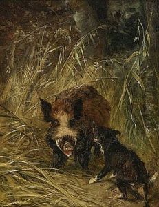 Jagdhund Stellt Einen Keiler by Carl Friedrich Deiker