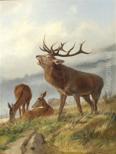 Bellowing Stag With Hinds - view 1