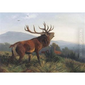 Rohrender Hirsch Mit Rehen by Carl Friedrich Deiker