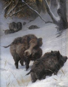 Wildschweinrudel In Winterlicher Waldlandschaft by Carl Friedrich Deiker