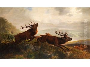 Hirsche Auf Der Flucht Vor Einem Jager by Carl Friedrich Deiker