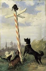 Vier Verschiedene Hunde Verfolgen Eine Katze, Die Sich Auf Einem Wegweiser "nach Hanau - Nach Hochstadt" In Sicherheit Gebracht Hat by Carl Friedrich Deiker