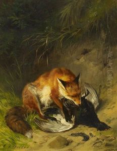 Fuchs Mit Erlegtem Auerhahn by Carl Friedrich Deiker