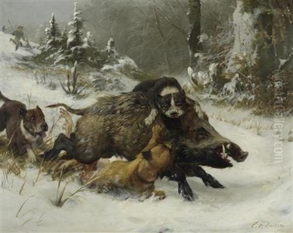 Schneelandschaft Mit Wildschwein Und Hunden - view 1