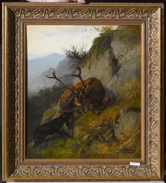 Hirsch Mit Hund Im Gebirge - view 1