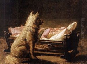 Ein Hund Bewacht Ein Schlafendes Kind In Der Wiege