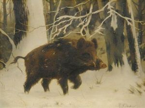 Wildschwein Im Winterwald by Carl Friedrich Deiker