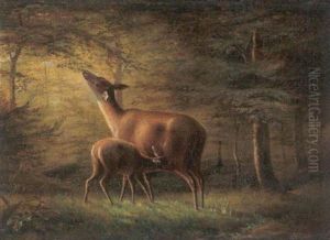 Reh Mit Kitz Im Wald by Carl Friedrich Deiker