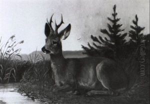 Rehbock An Einem Waldweiher by Carl Friedrich Deiker