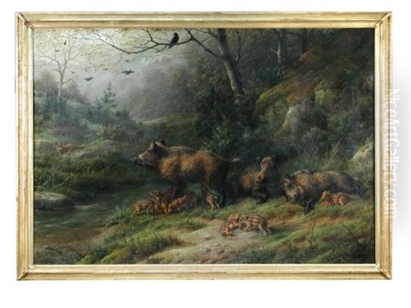 Wild Boar With Their Young In A Wooded Landscape, A Fox Beyond - view 1