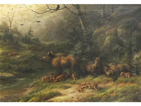 Wild Boars In A Wooded Landscape, A Fox Beyond - view 1