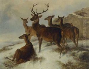 Hirschrudel In Winterlandschaft by Johannes Christian Deiker