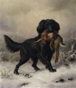 Schwarzer Setter Apportiert Hasen In Winterlicher Landschaft by Johannes Christian Deiker