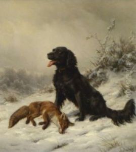 Jagdhund Mit Erlegtem Fuchs In Winterlandschaft by Johannes Christian Deiker