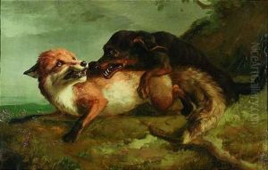 Ein Fuchs Wird Von Einem Dackel Attackiert by Johannes Christian Deiker